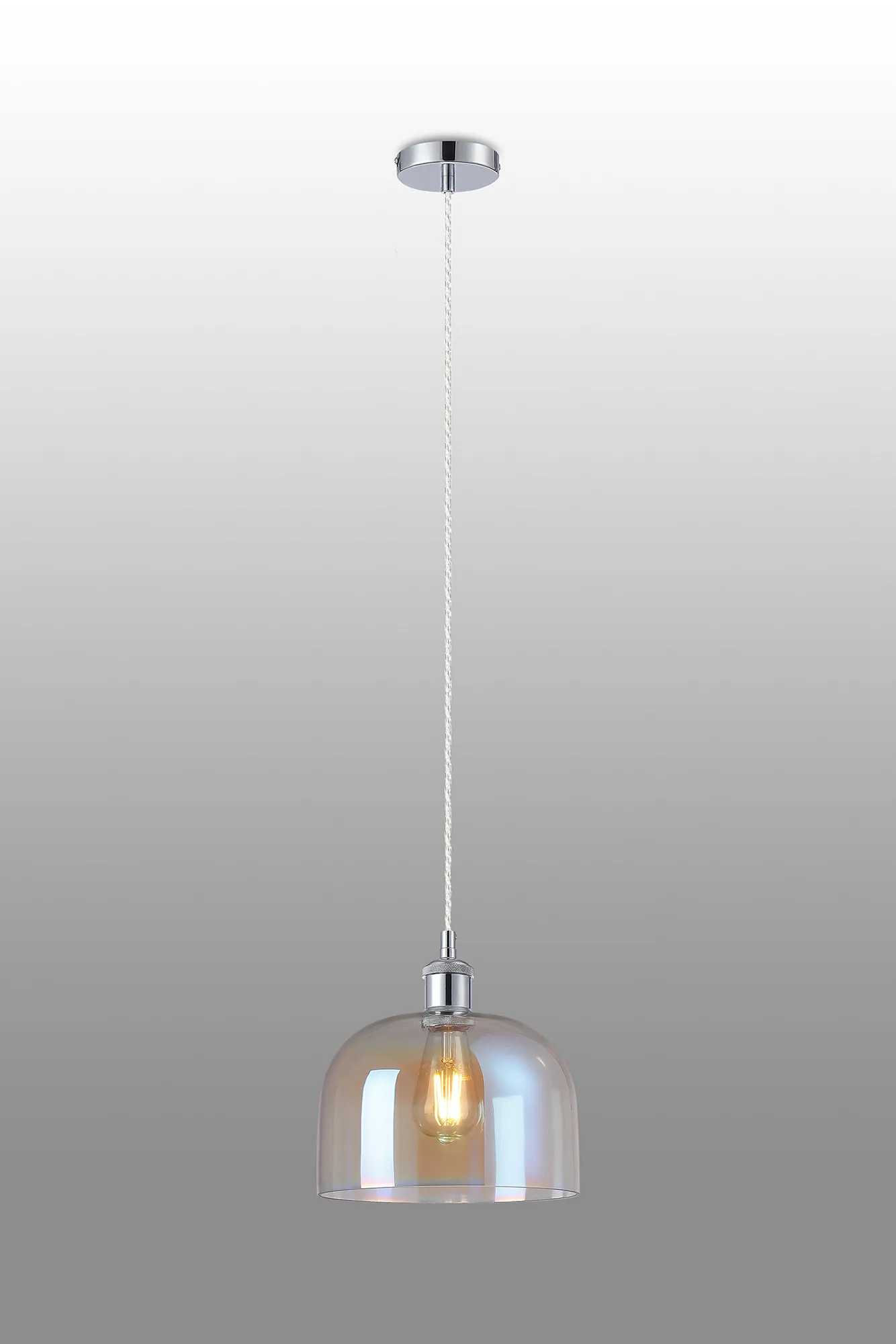 Cawdor Single Pendant, 1 Light E27, Polished Chrome/Clear/Iridescent Cloche Glass DK1134  Deco Cawdor